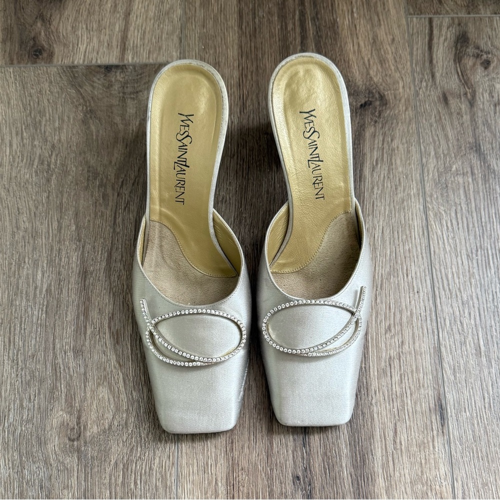 Yves Saint Laurent Ivory Satin Crystal-Trim Slip-On Mules - Picture 3 of 13